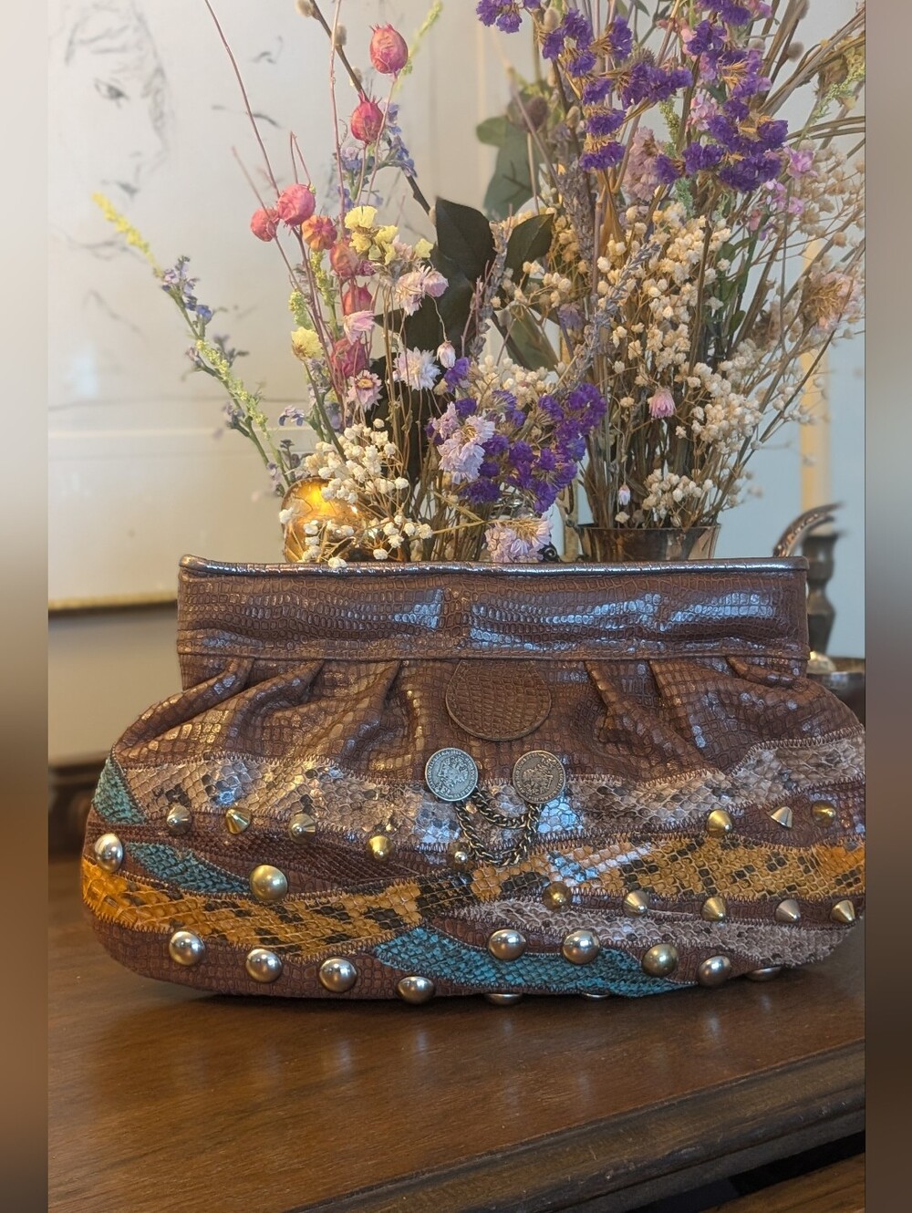 LUCAS Zia G Metallic python leather Studded Women’s‎ Clutch Bag
